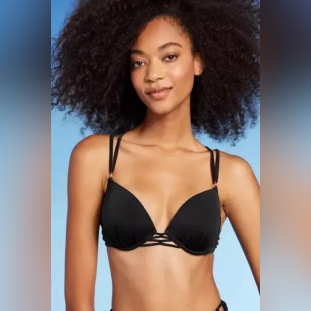 Shade & Shore Black Bikini Top *NWOT* 34D Double Strapped Crisscrossed Push Up